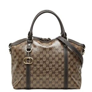 Gucci GG Crystal Interlocking G Handbag Shoulder Bag 2WAY 341503 Brown Leathe...